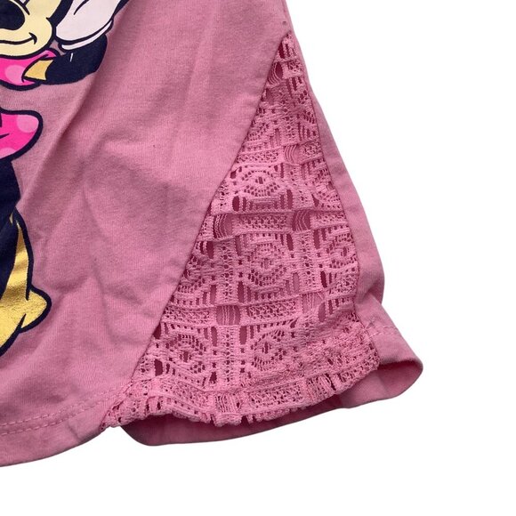 Disney Minnie Mouse Toddler Pink Shirt Lace Accents Size 4T Short Sleeve Cotton - Picture 6 of 11
